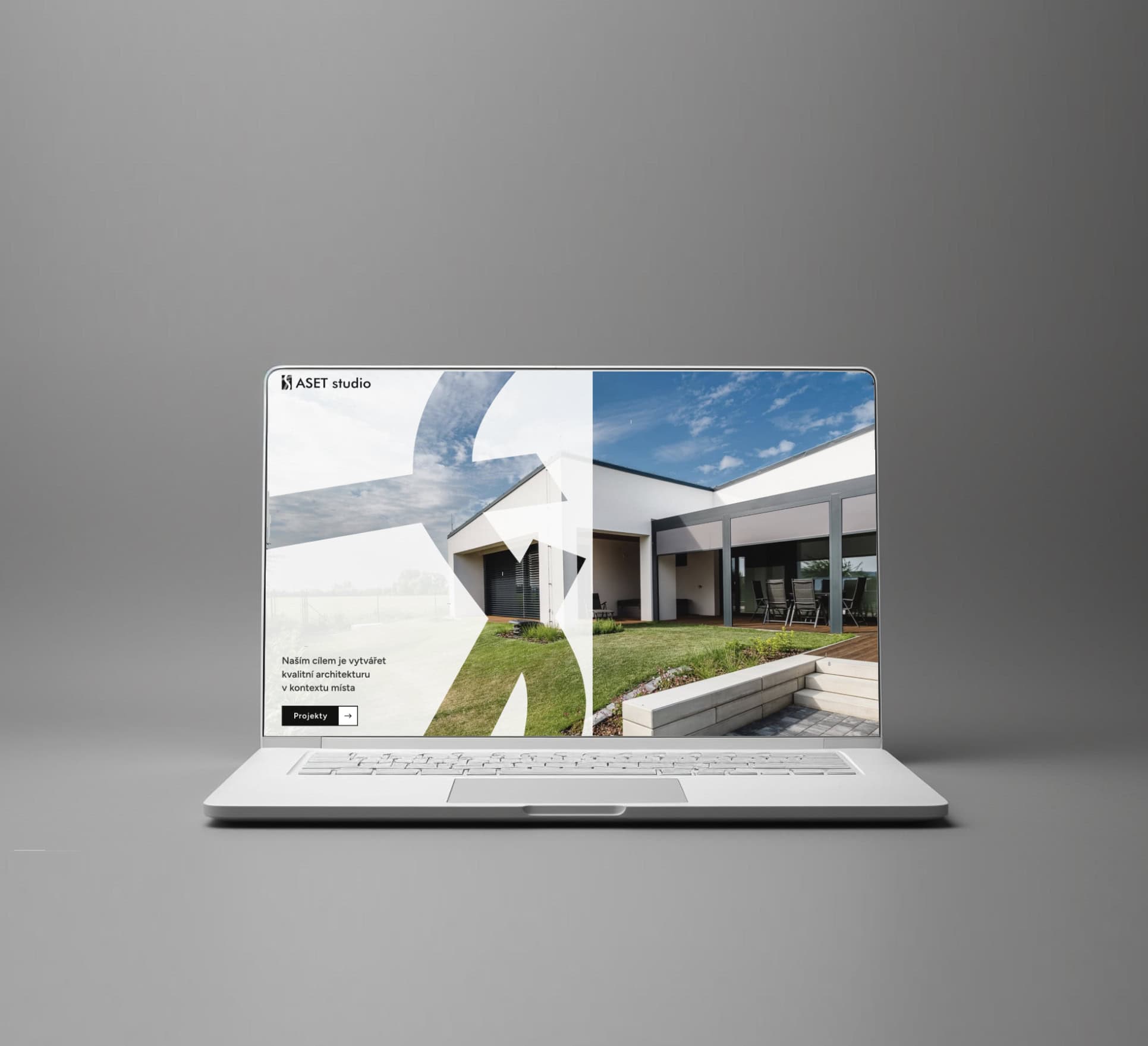 Moderní webdesign s ukázkou architektury na notebooku, profesionální design webových stránek, kreativní digitální prezentace.