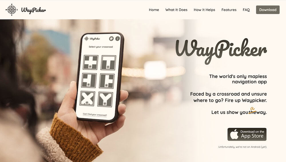 Screenshot of the WayPicker landing page.